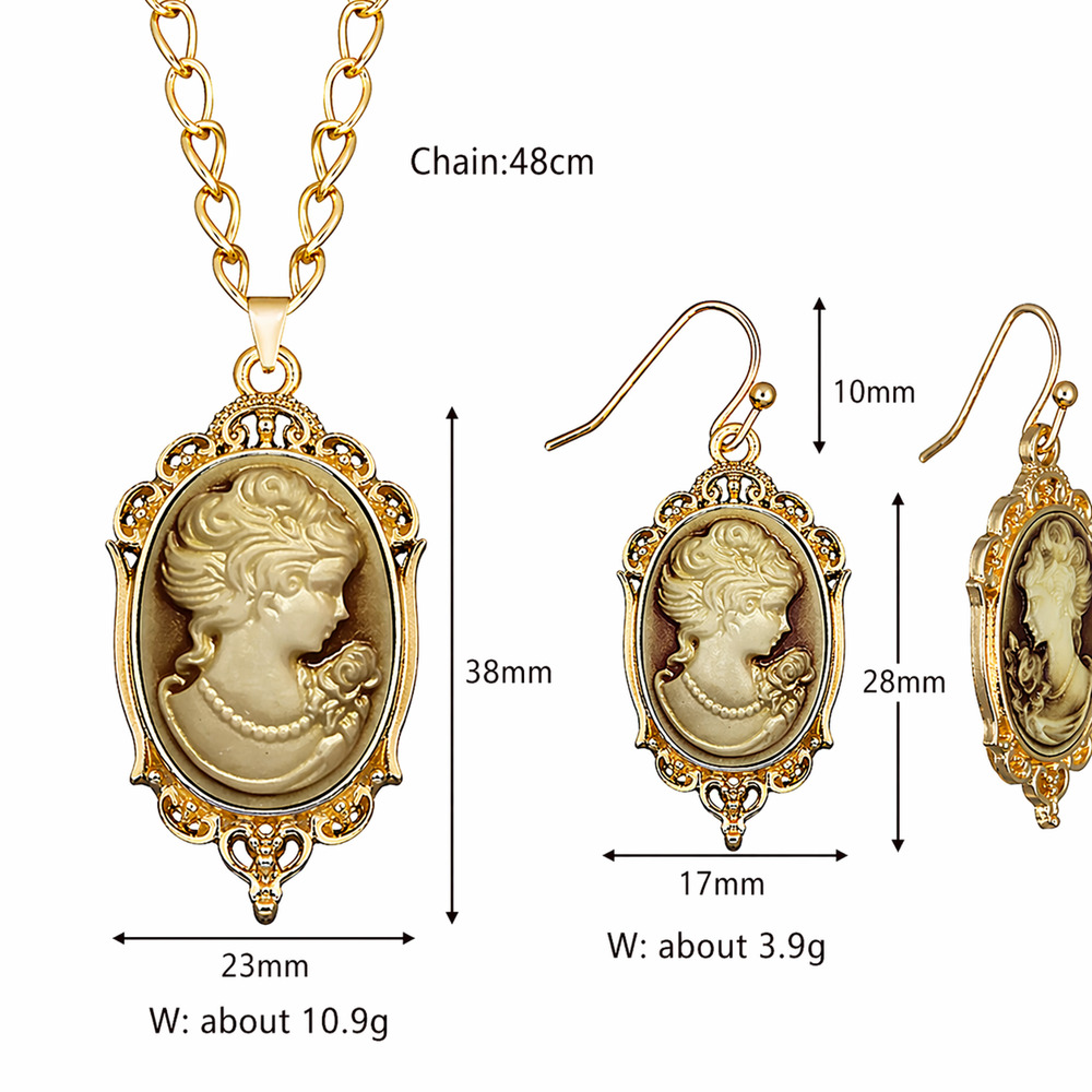 Vintage Cameo Necklace Earrings Set Champagne Gold Victorian Style Jewelry - Picture 5 of 5